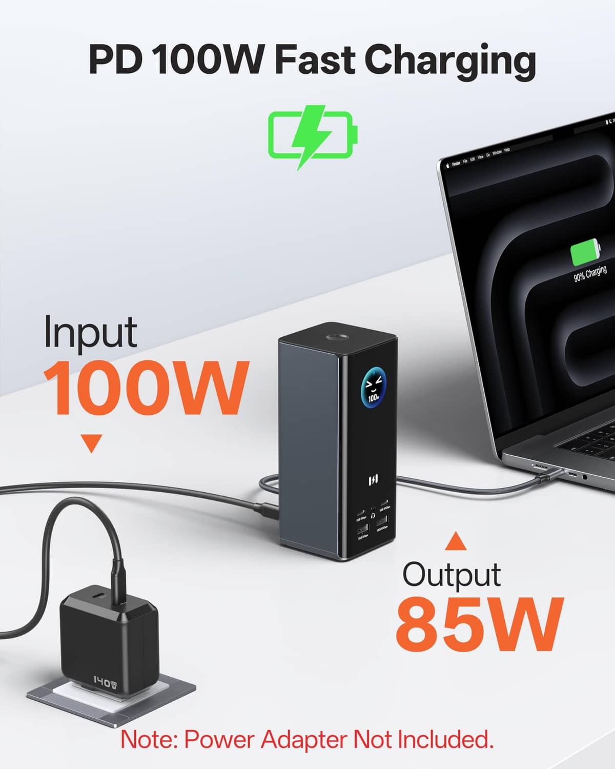 Dark gray docking station with fast-charging input and output power icons