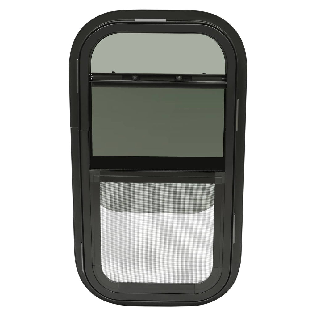 Tinted RV glass window with black arched frame and horizontal sliding latch
