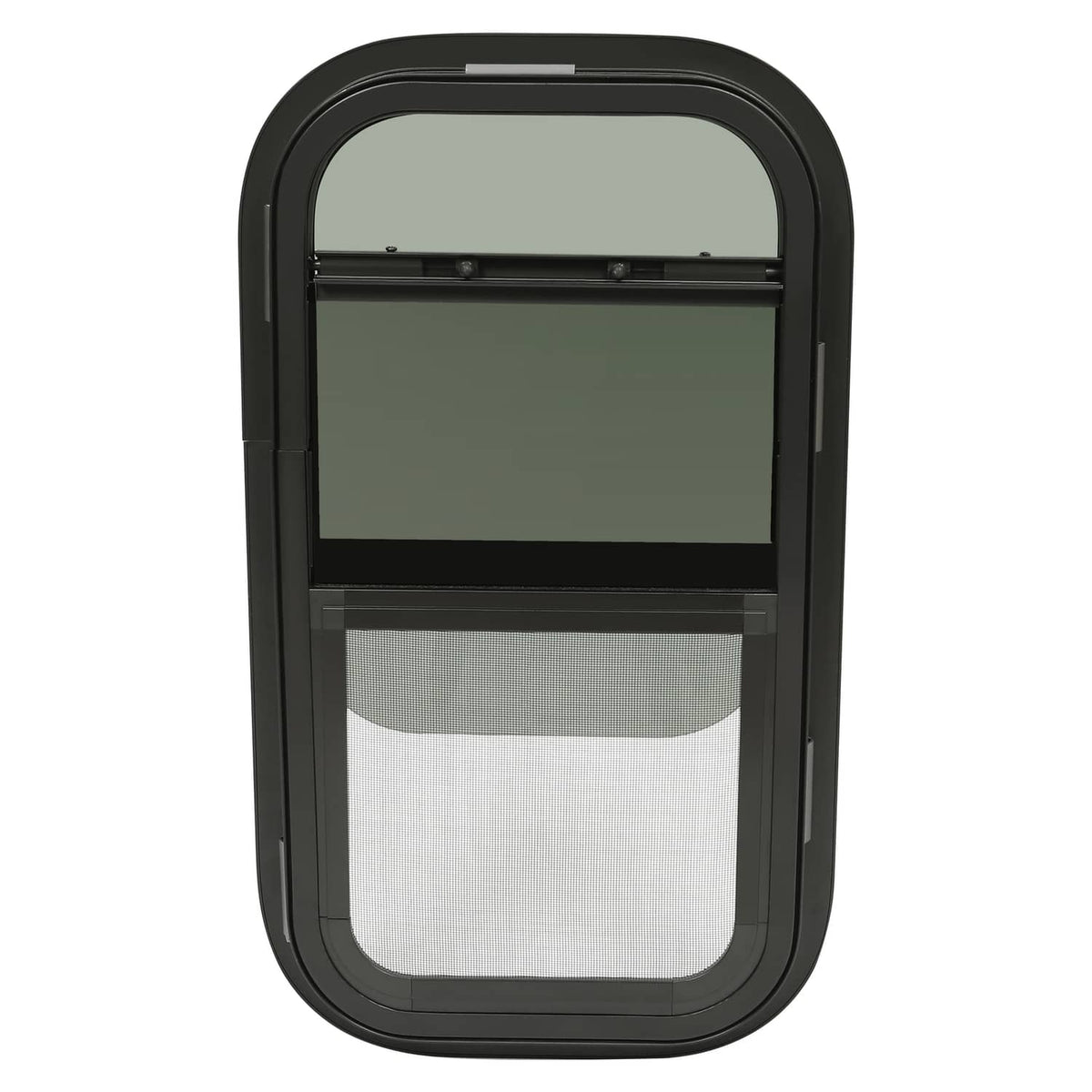Tinted RV glass window with black arched frame and horizontal sliding latch
