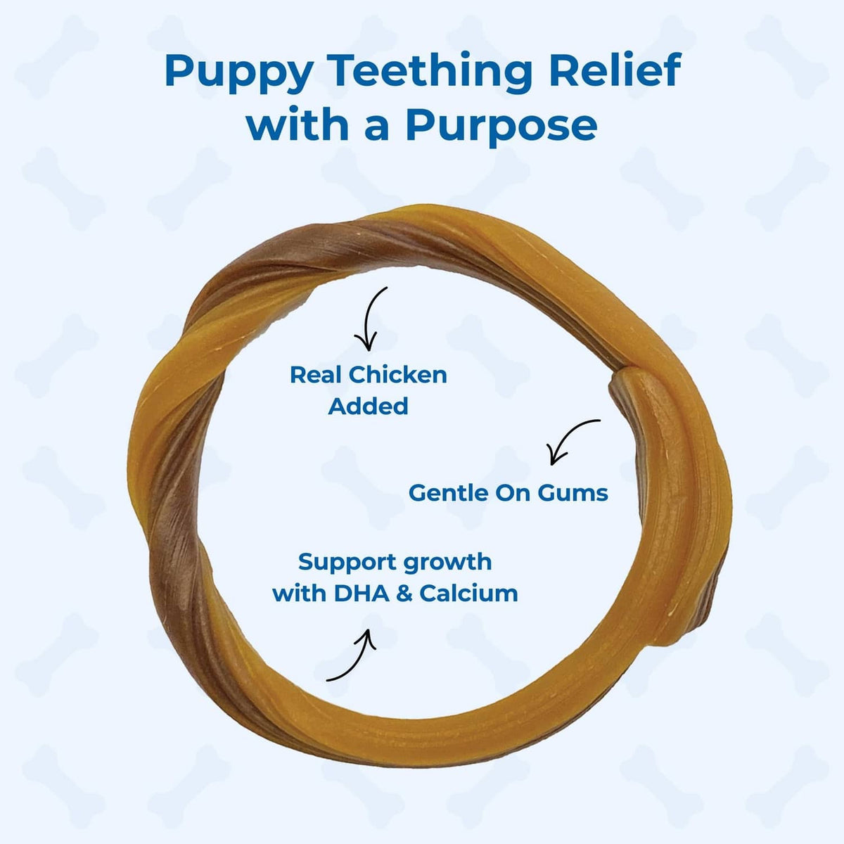 Brown puppy teething ring with chicken-flavor real chicken added mark