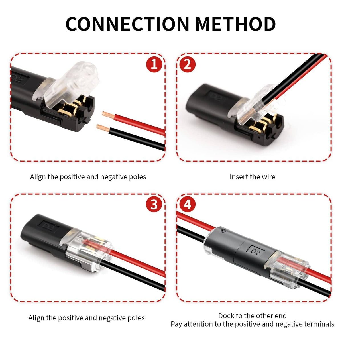2-pin quick splice connection steps diagram showing aligned and inserted wires