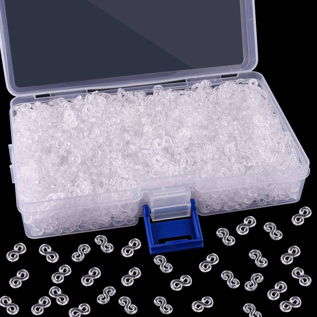 Clear organizer box with white S clips and a blue loom band tool