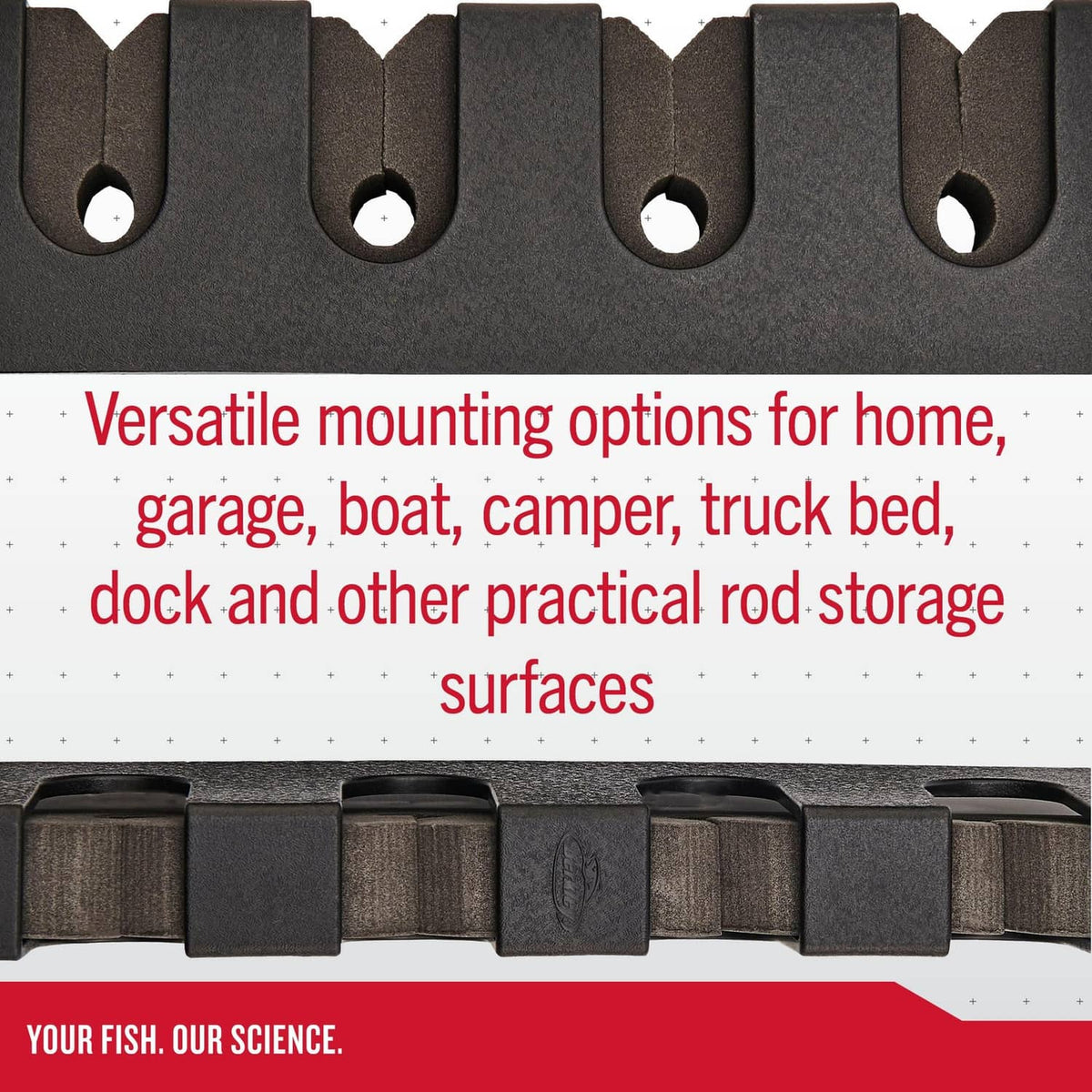 Horizontal fishing rod rack with six holders, dark textured finish for wall storage
