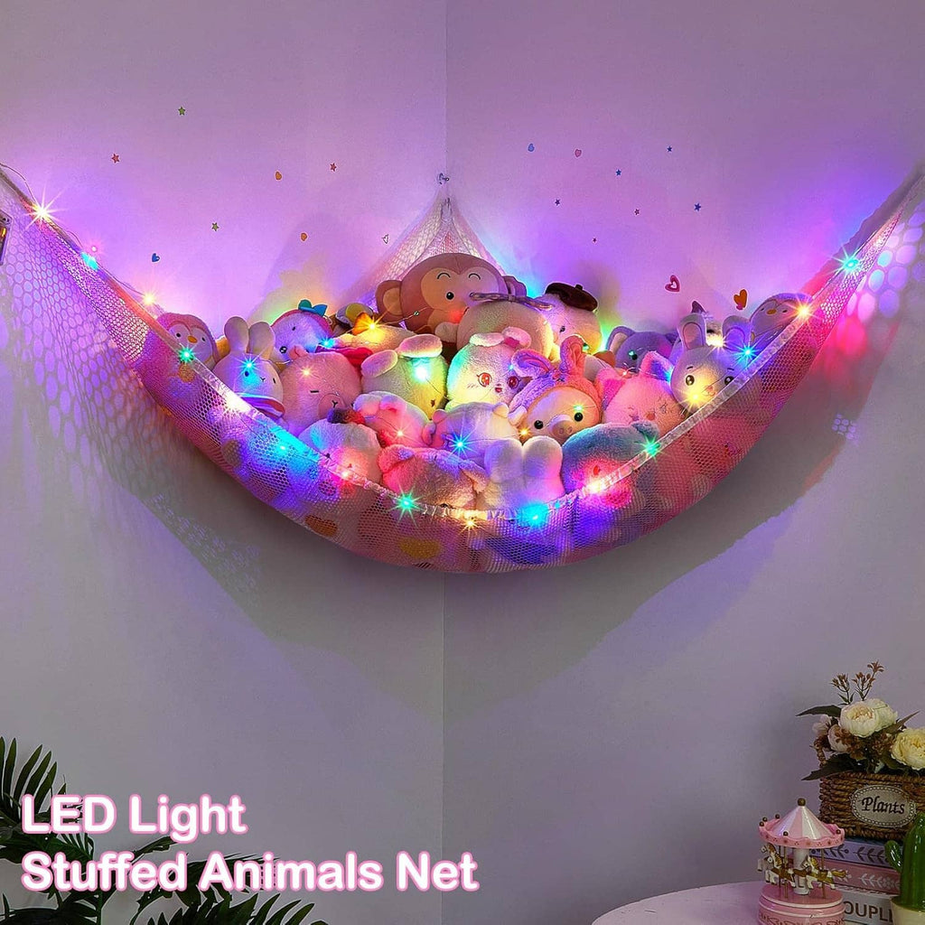 Close-up plush animal hammock net with bright multicolor LED lights glowing