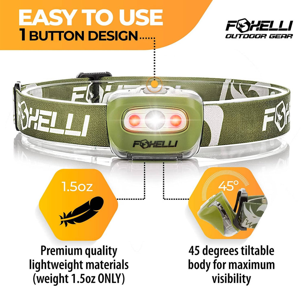 Foxelli khaki green headlamp with adjustable fabric strap and front LED module