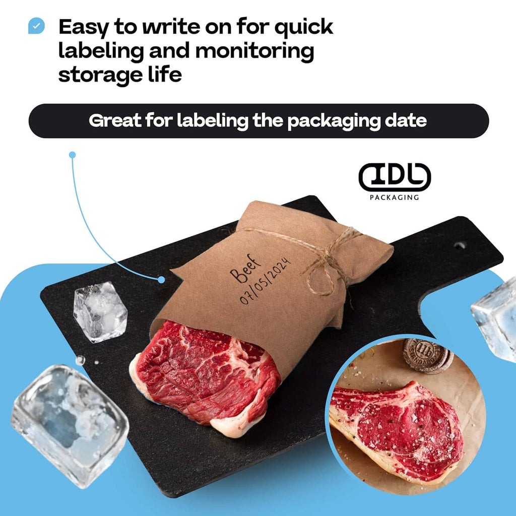 Brown freezer paper with labeled beef and frozen meat pieces on a cutting board