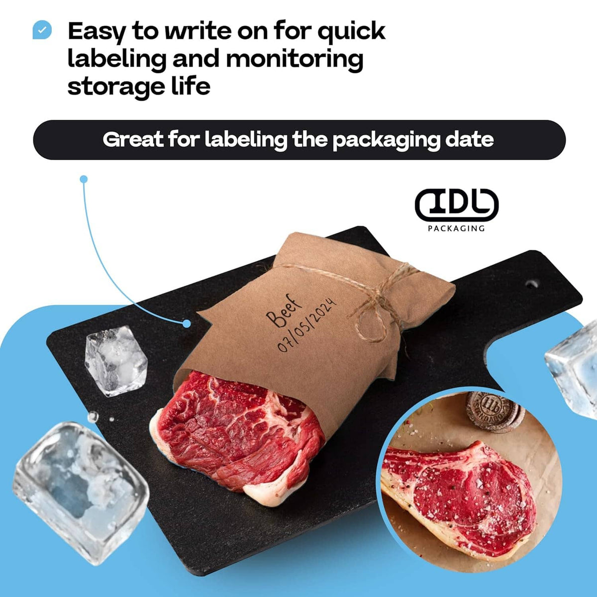 Brown freezer paper with labeled beef and frozen meat pieces on a cutting board