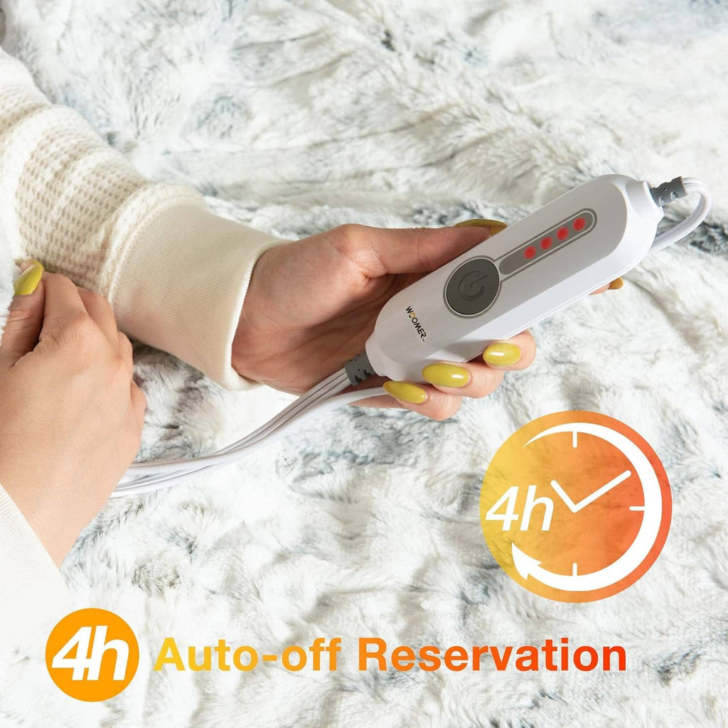Heated throw controller with 4 buttons on light faux fur blanket