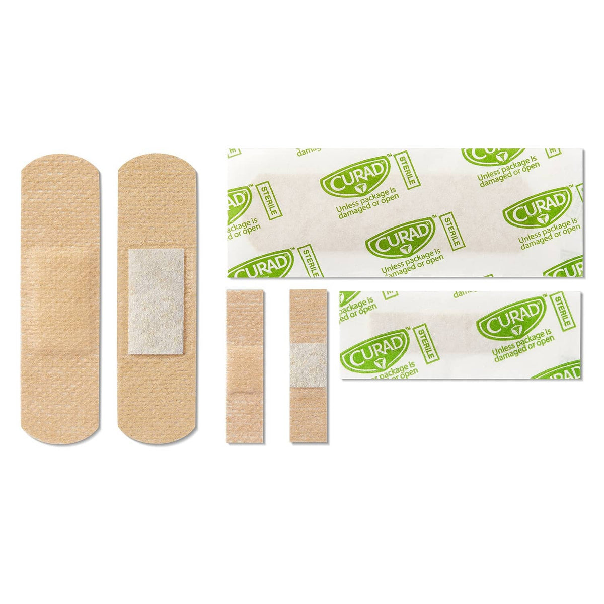 Assorted flex-fabric bandages with tan fabric strips and white non-stick pads