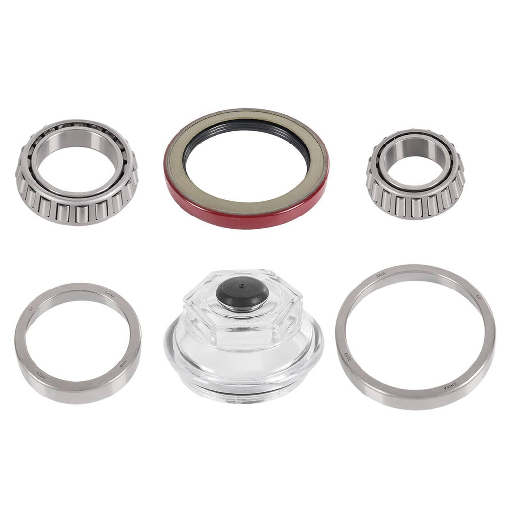 Trailer bearing kit with two bearings, grease seal, oil cap, and races