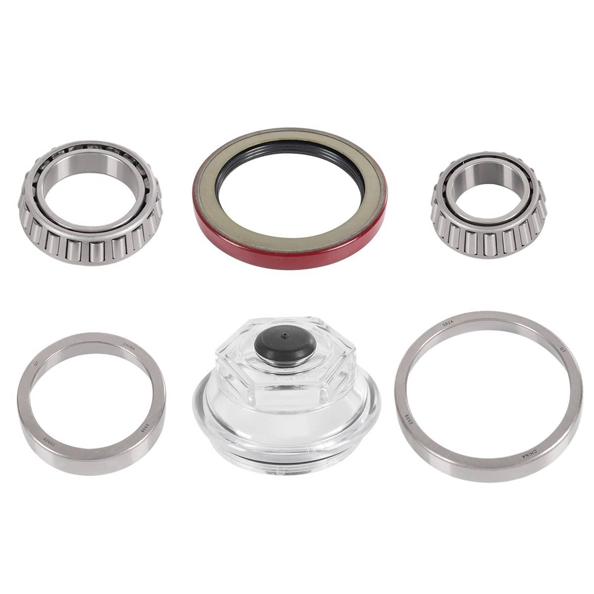Trailer bearing kit with two bearings, grease seal, oil cap, and races