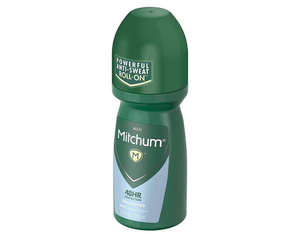 Green Mitchum men roll-on antiperspirant bottle, 48hr protection, unscented