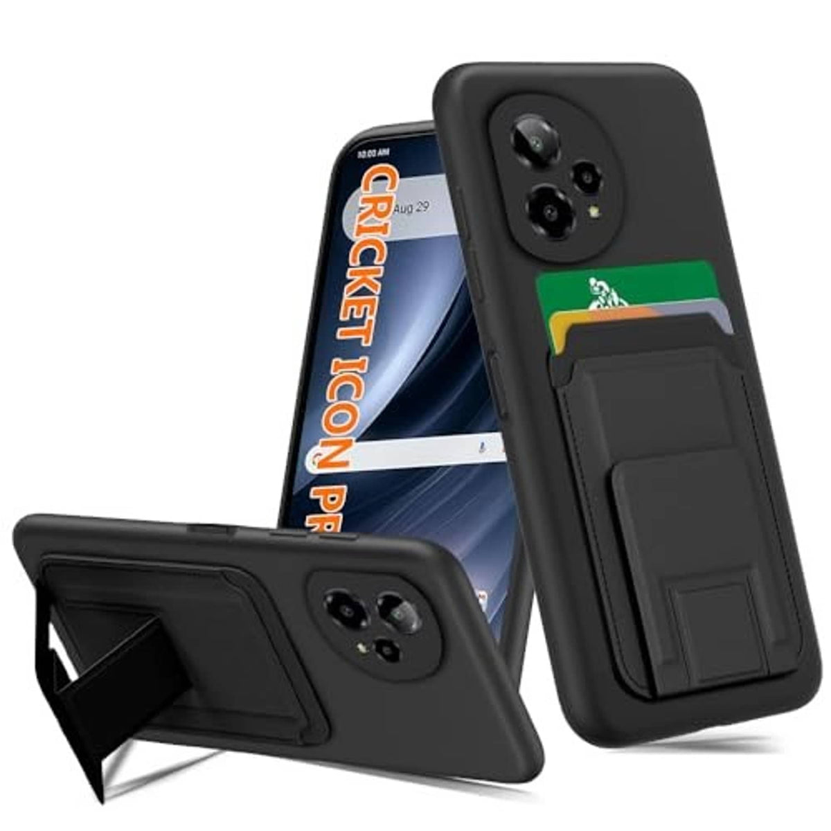 Black phone case with kickstand cover and camera cutouts, front and back view