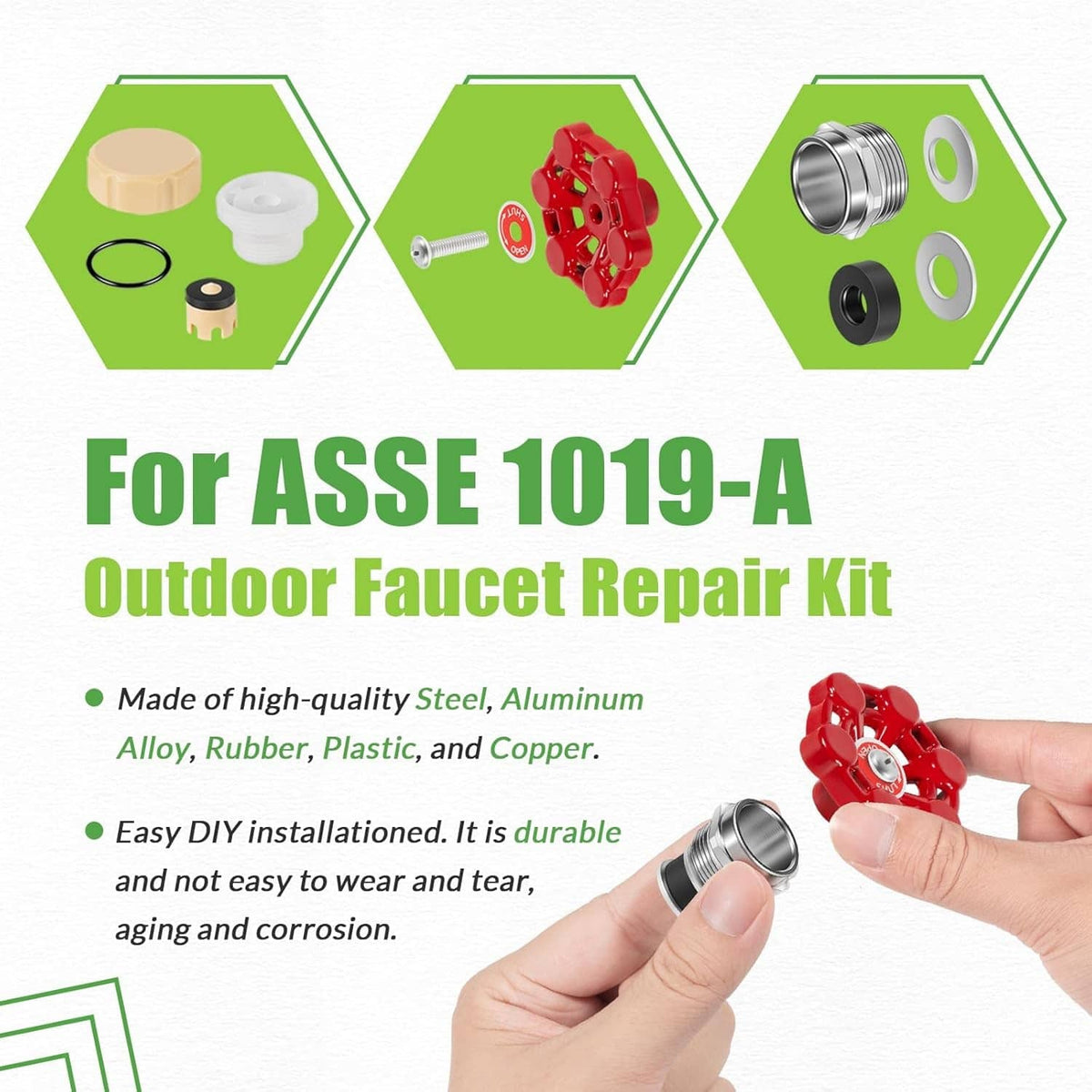 Outdoor faucet repair kit parts shown with hand holding a metal component for installation