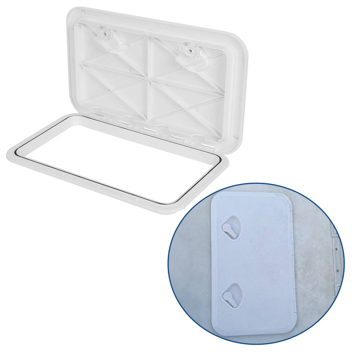 White boat access hatch open with hinged lid and protective gasket frame
