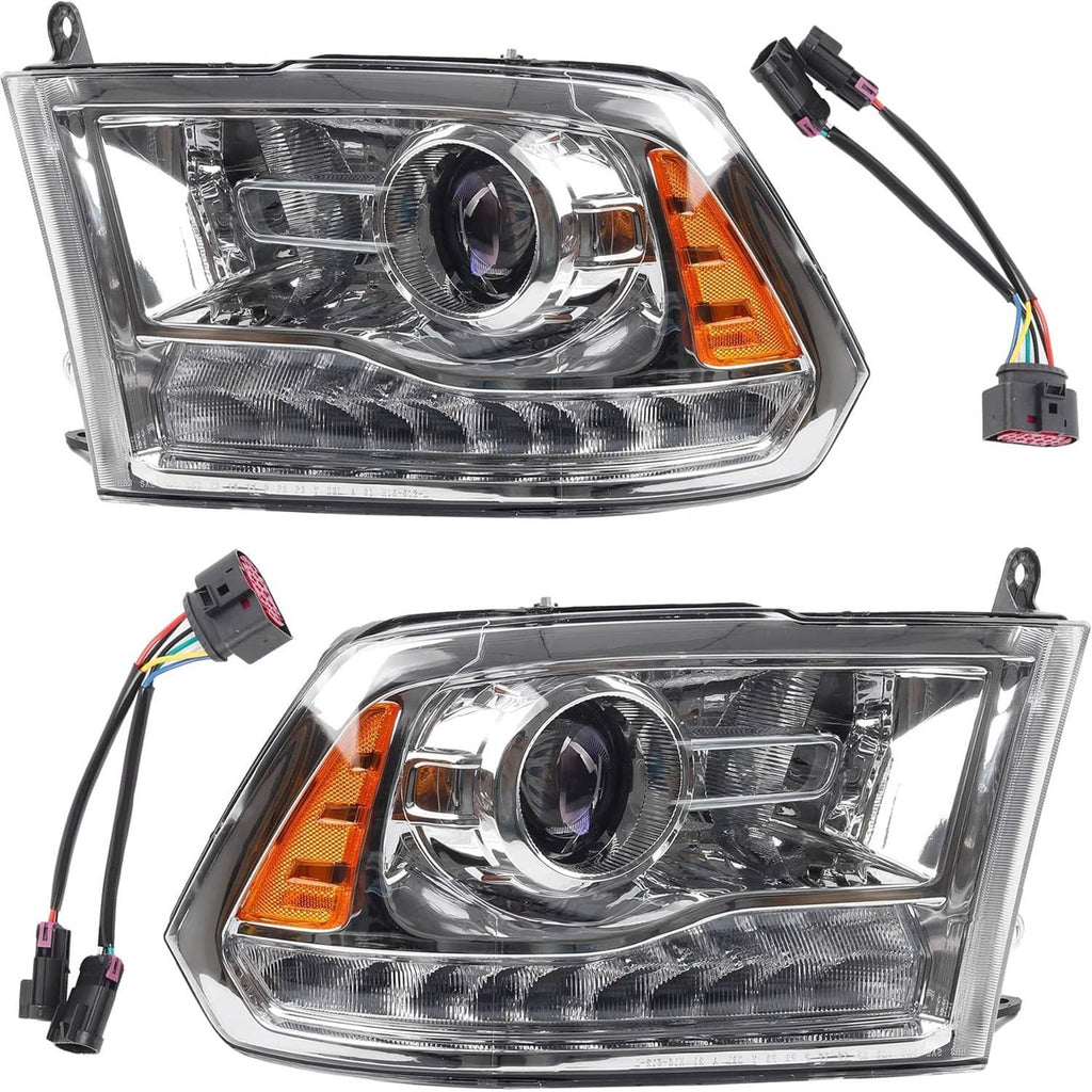 Chrome projector headlight assembly with amber side marker and attached wiring harness