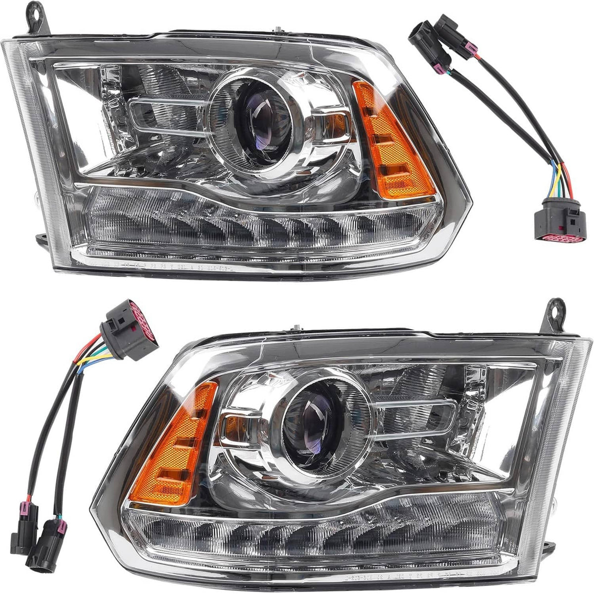 Chrome projector headlight assembly with amber side marker and attached wiring harness