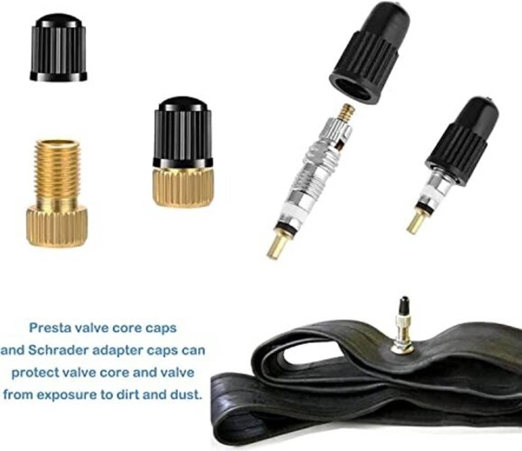 Valve adapter set: brass threaded pieces, silver valve cores, and black dust caps