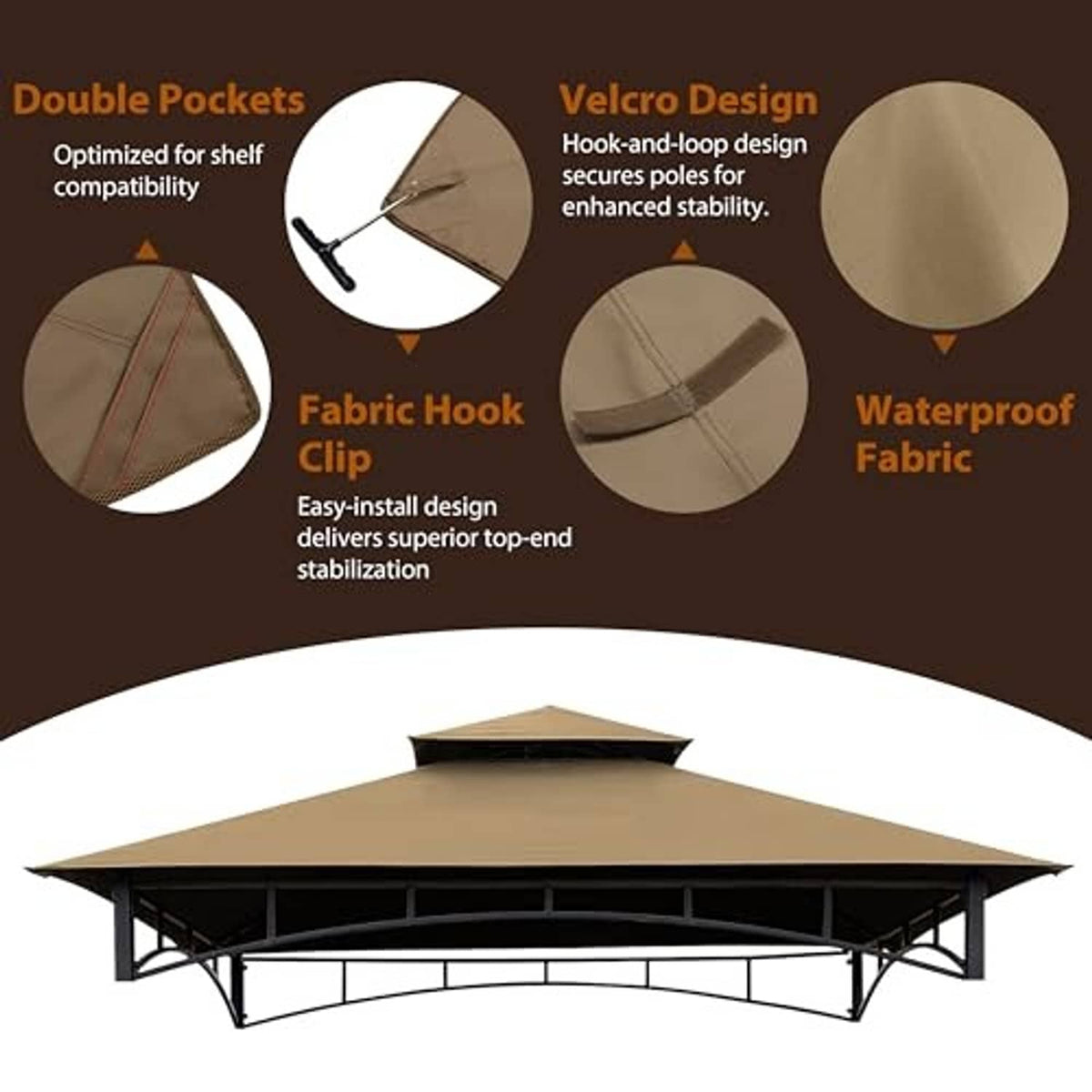 Khaki gazebo canopy top with fabric hook clip, waterproof fabric, and double pockets