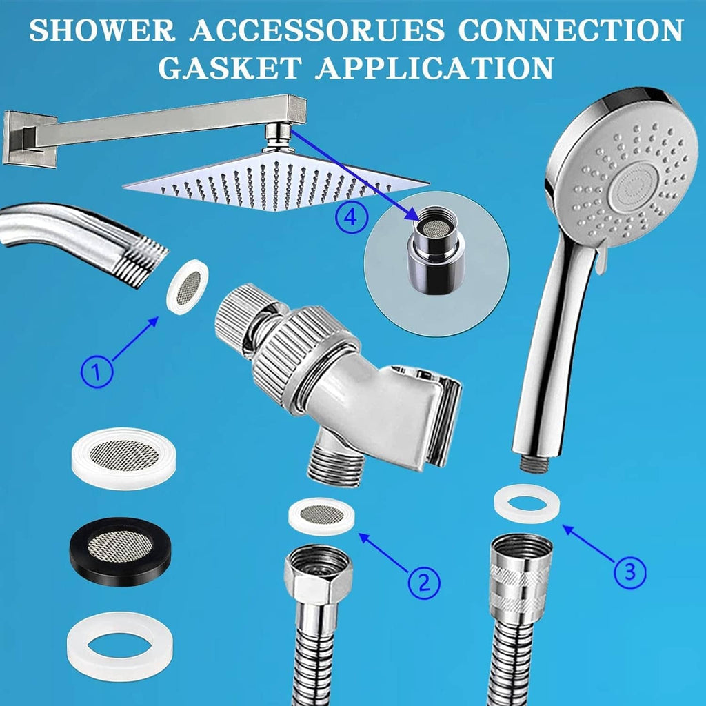 Shower head gasket set with flat washers and mesh screens for shower connections