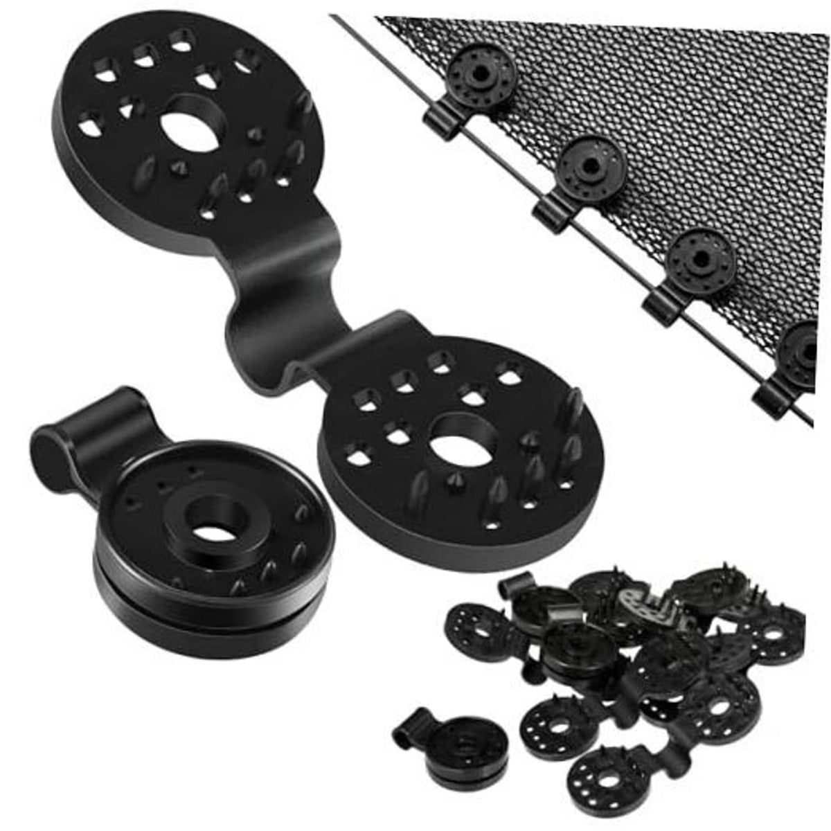 Black round plastic shade cloth clips with perforated plates and locking pins, set of clips