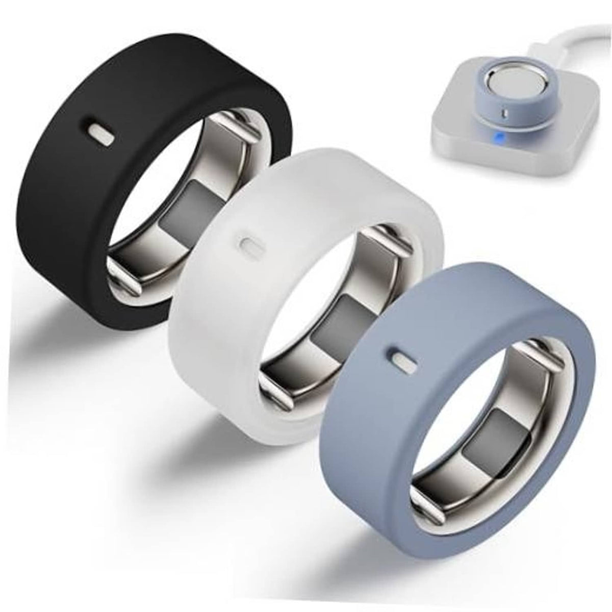 Three-color silicone ring protector set with metal clip openings in black, white, and blue
