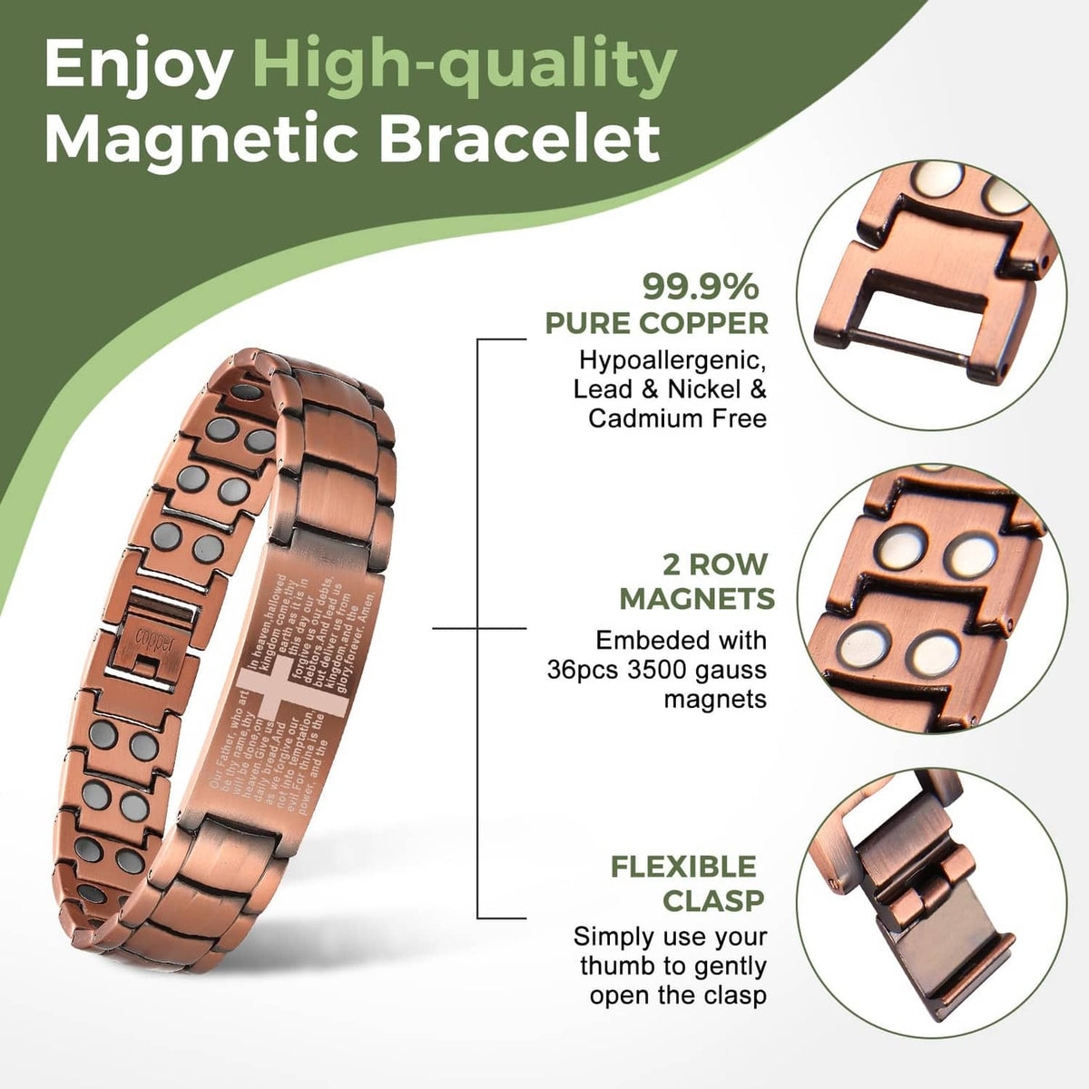 Copper magnetic bracelet with embedded magnet layout and flexible snap clasp