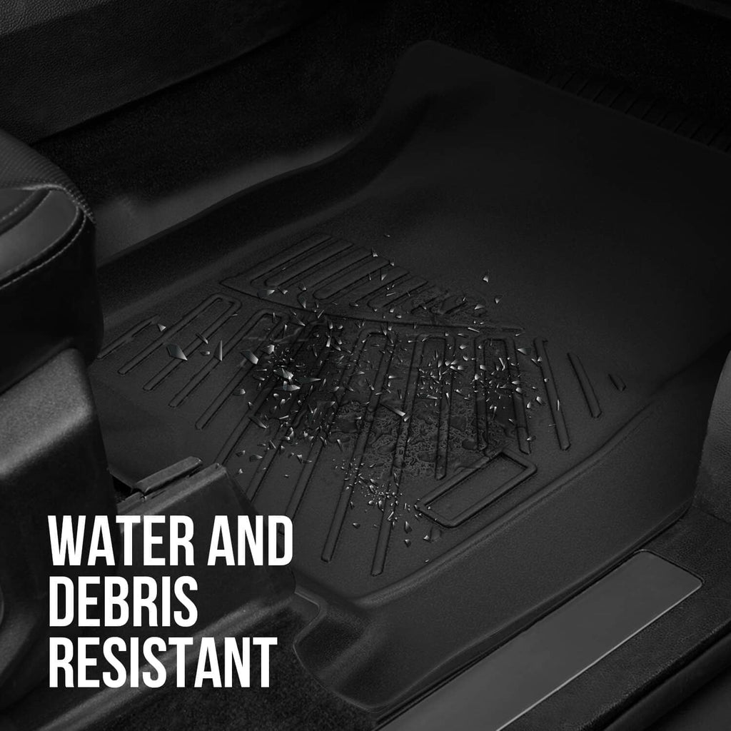 Black all-weather floor mat with raised channels to help resist water and debris