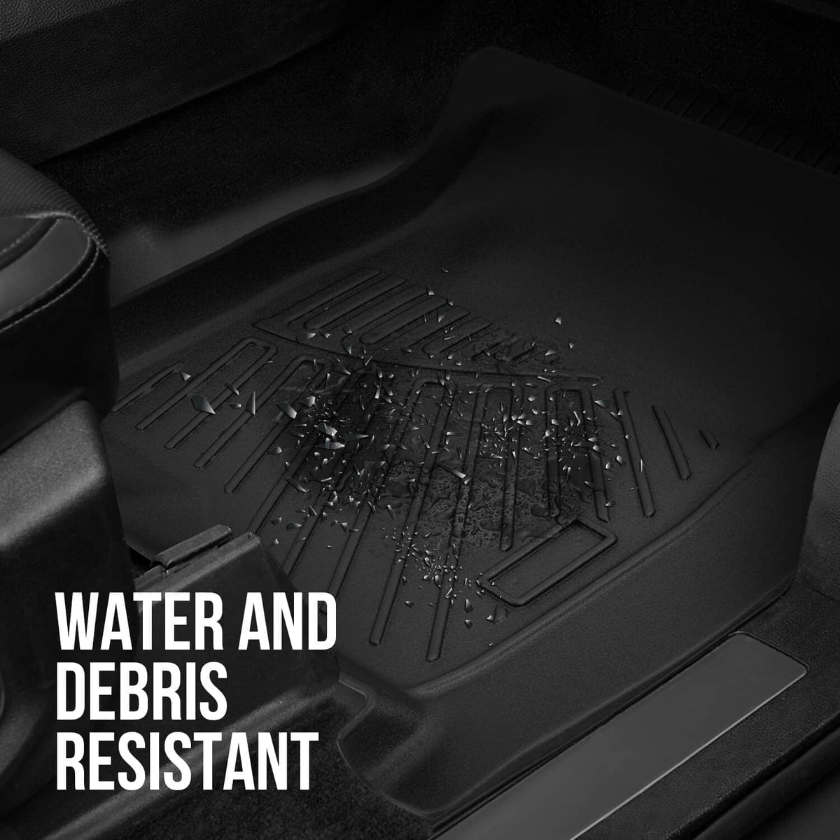 Black all-weather floor mat with raised channels to help resist water and debris