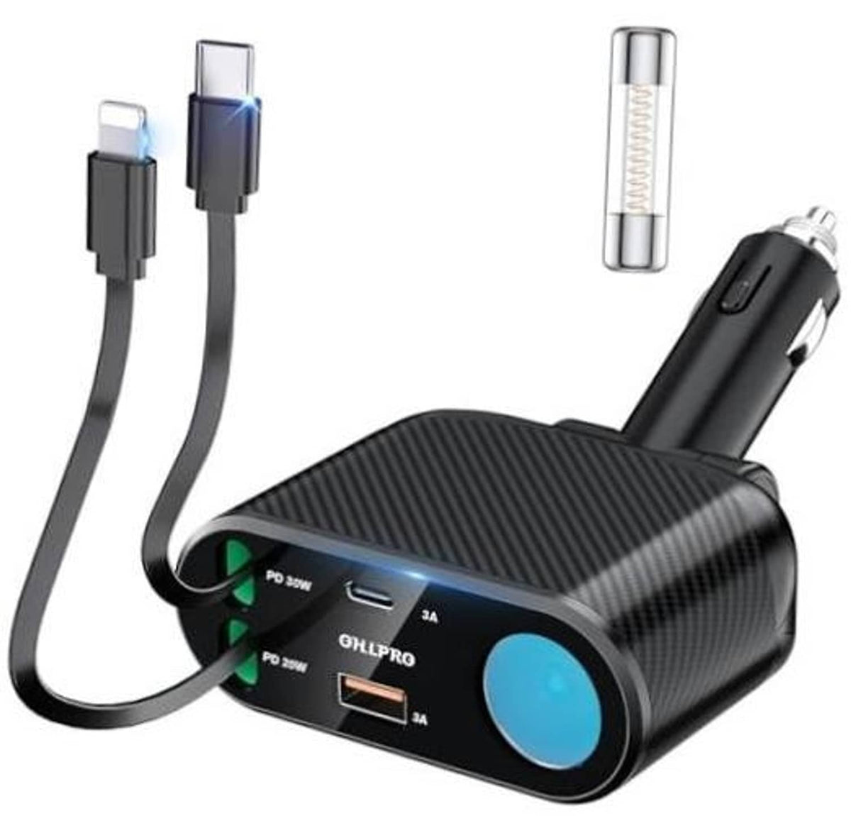 Retractable car charger adapter with carbon-fiber body, blue power ring, USB-C and USB ports