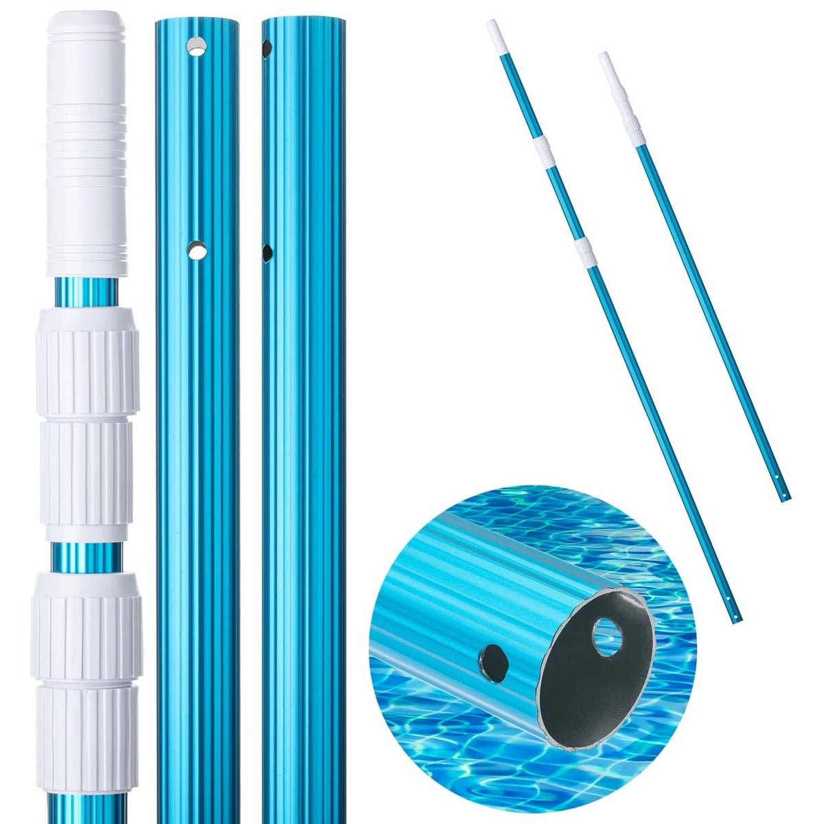 Blue telescopic pool pole with white end caps and connector insert pieces