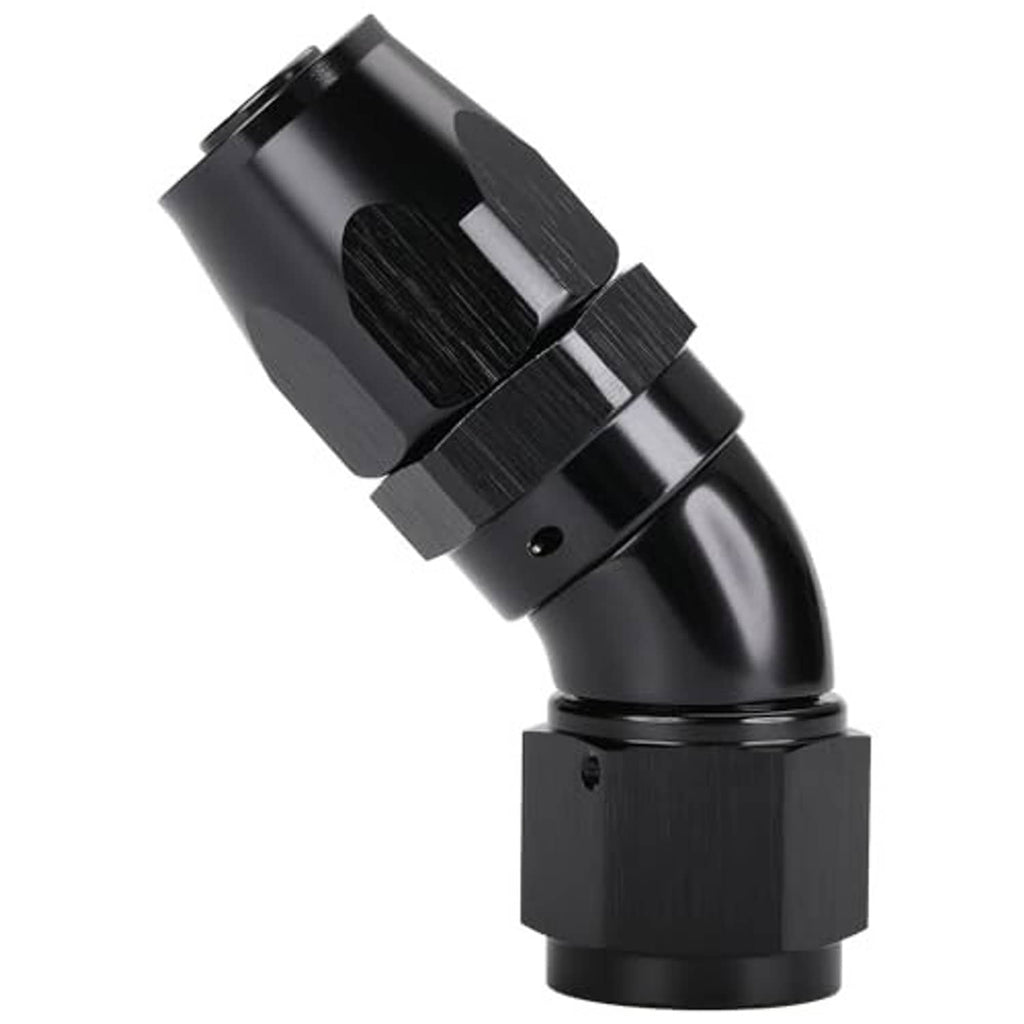 Black 45-degree elbow swivel hose end fitting, front close-up