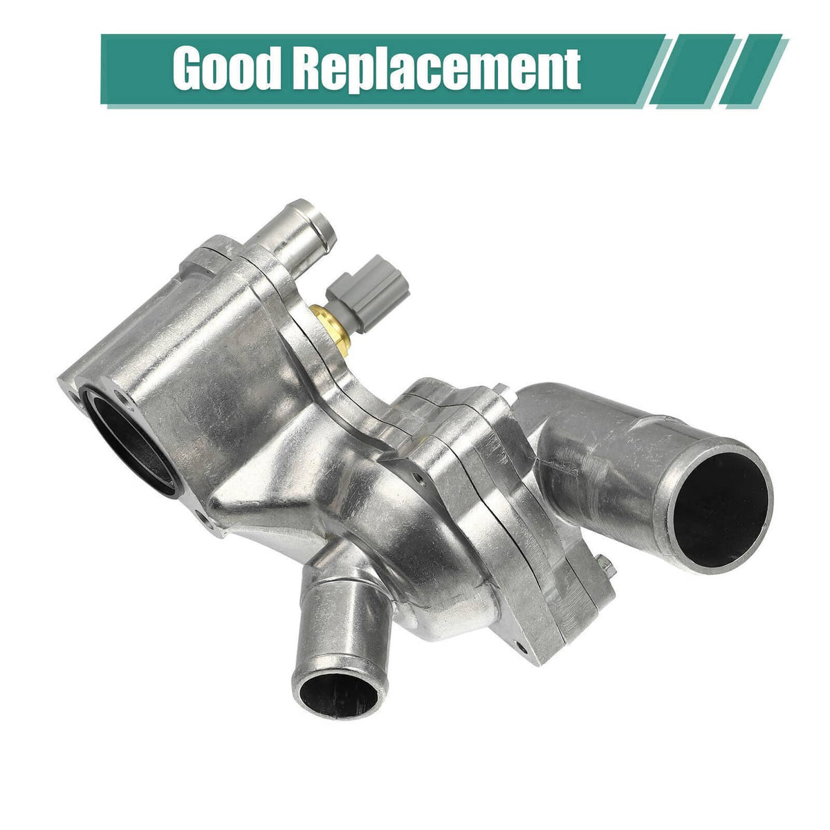 Aluminum thermostat housing with side outlet and inlet ports, silver metal