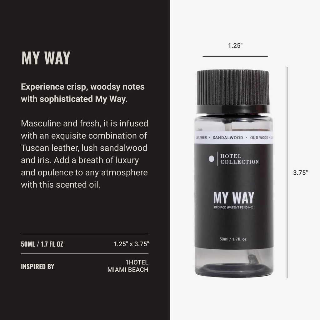 Aroma diffuser oil bottle with 'My Way' label; 1.25 in wide and 3.75 in tall
