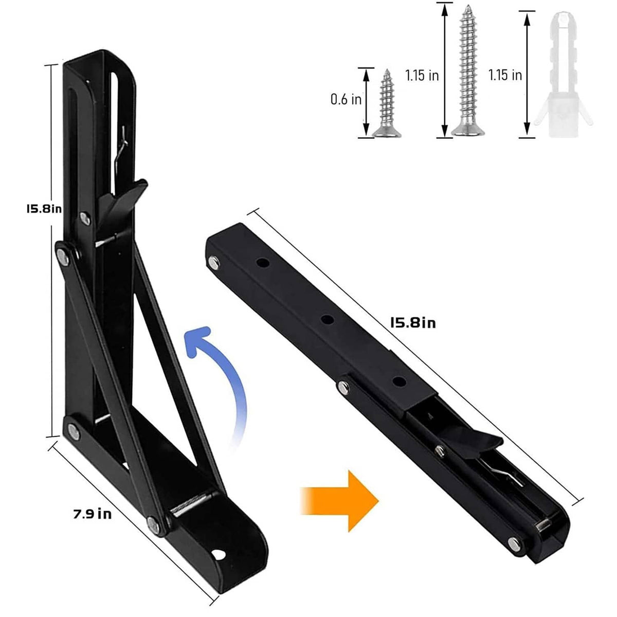 Black folding shelf bracket pair with hinge arms and mounting holes, 16 in length