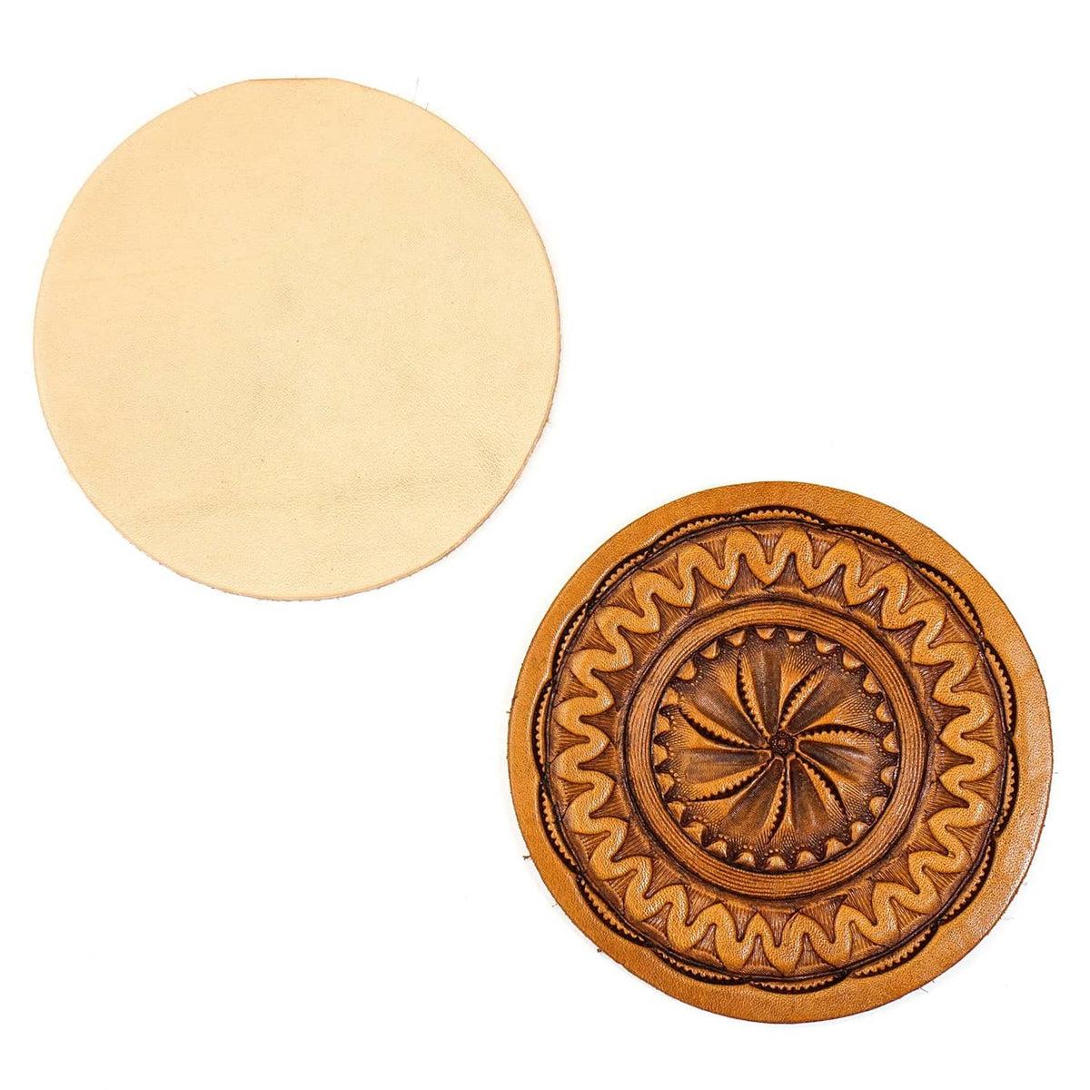 Round leather discs: light tan plain and dark embossed concho design