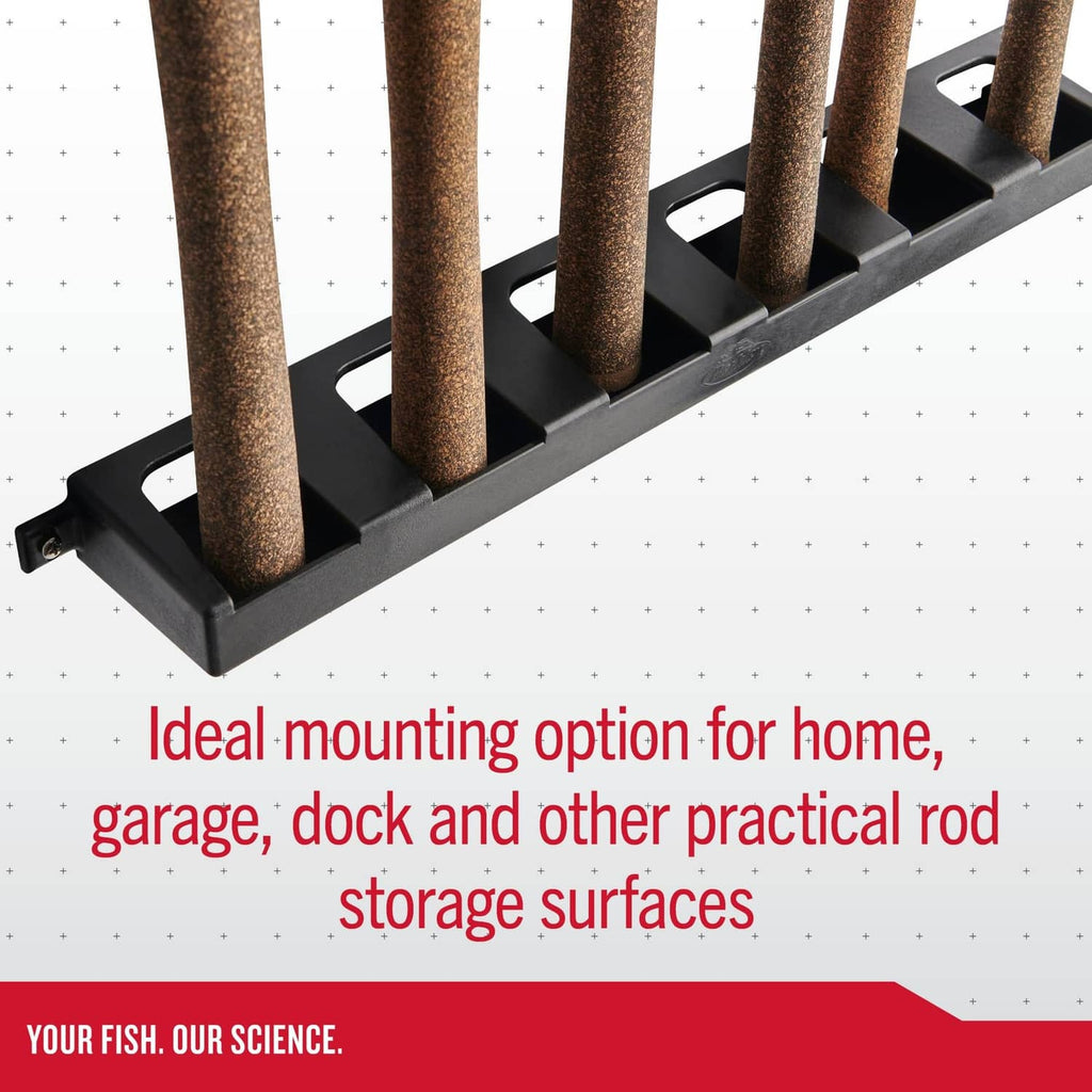 Black wall-mounted vertical fishing rod rack with six slots and angular base