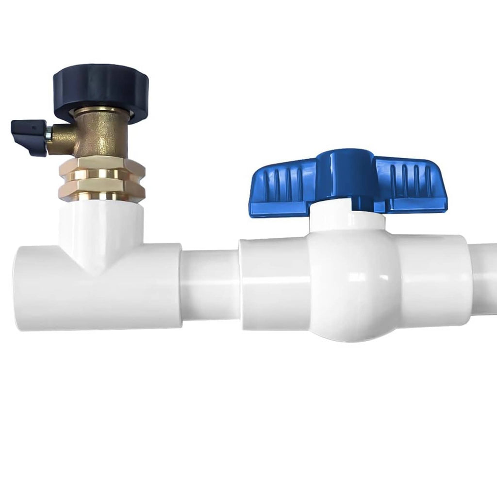 PVC AC drain line cleaner fitting with blue handle and brass shutoff valve