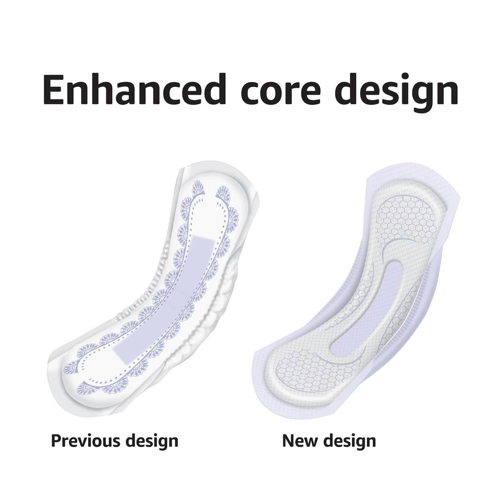 Bladder control pads design comparison: previous design versus new enhanced core