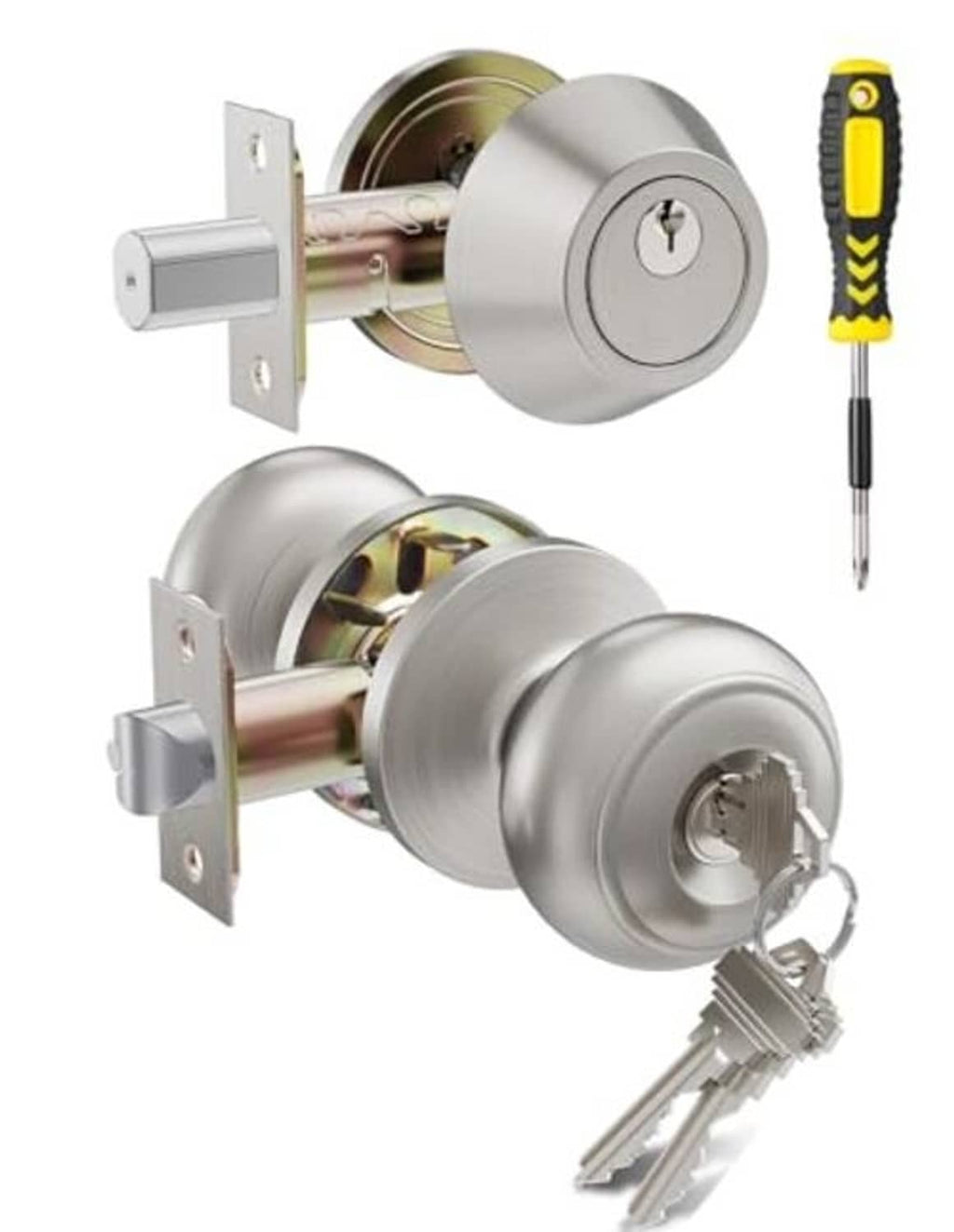 Satin nickel single-cylinder deadbolt and door knob set with keys