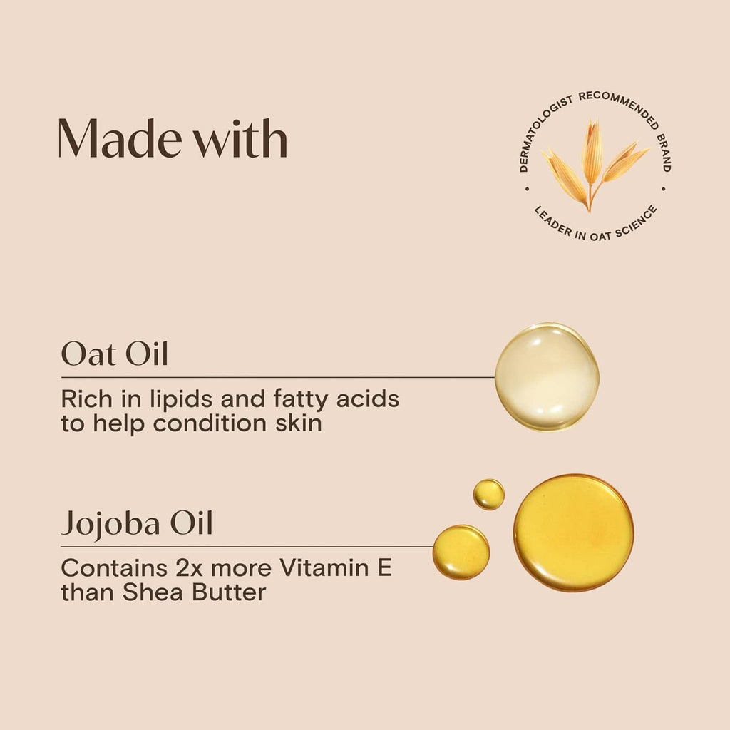 Aveeno body oil mist ingredients: oat oil and jojoba oil shown as gold drops