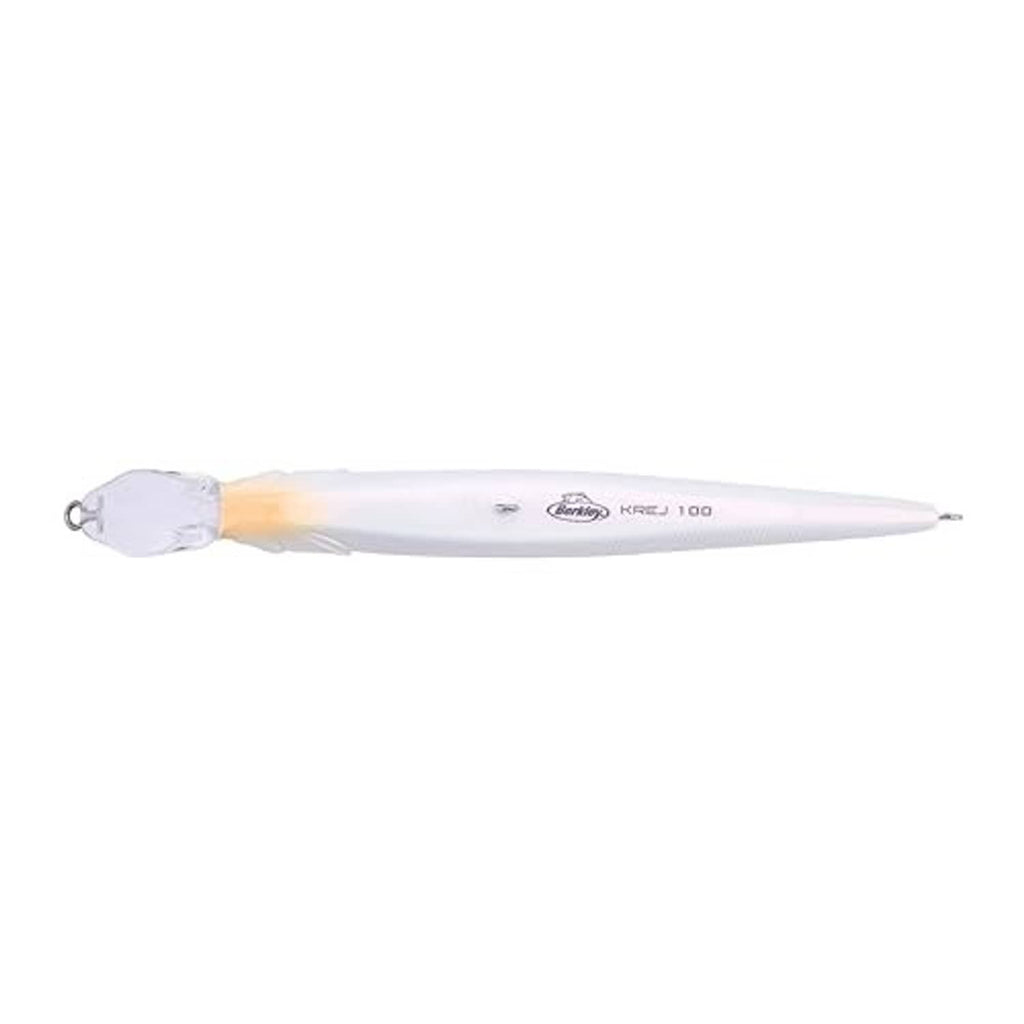 White minnow fishing lure with small orange glow and Berkley KREJ 100 marking