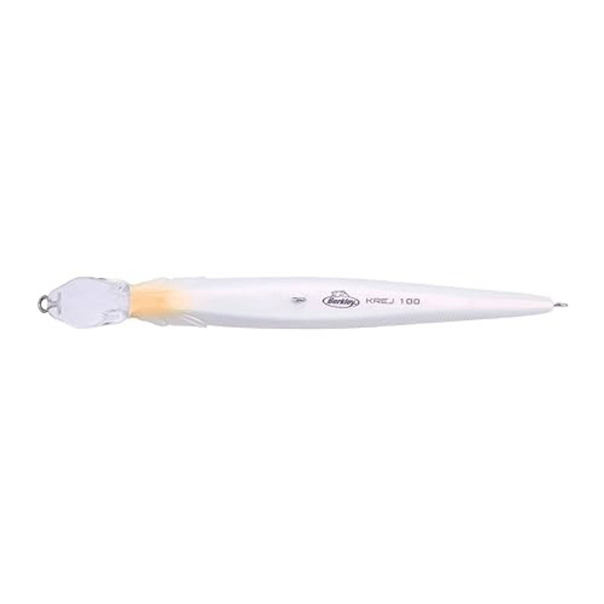 White minnow fishing lure with small orange glow and Berkley KREJ 100 marking