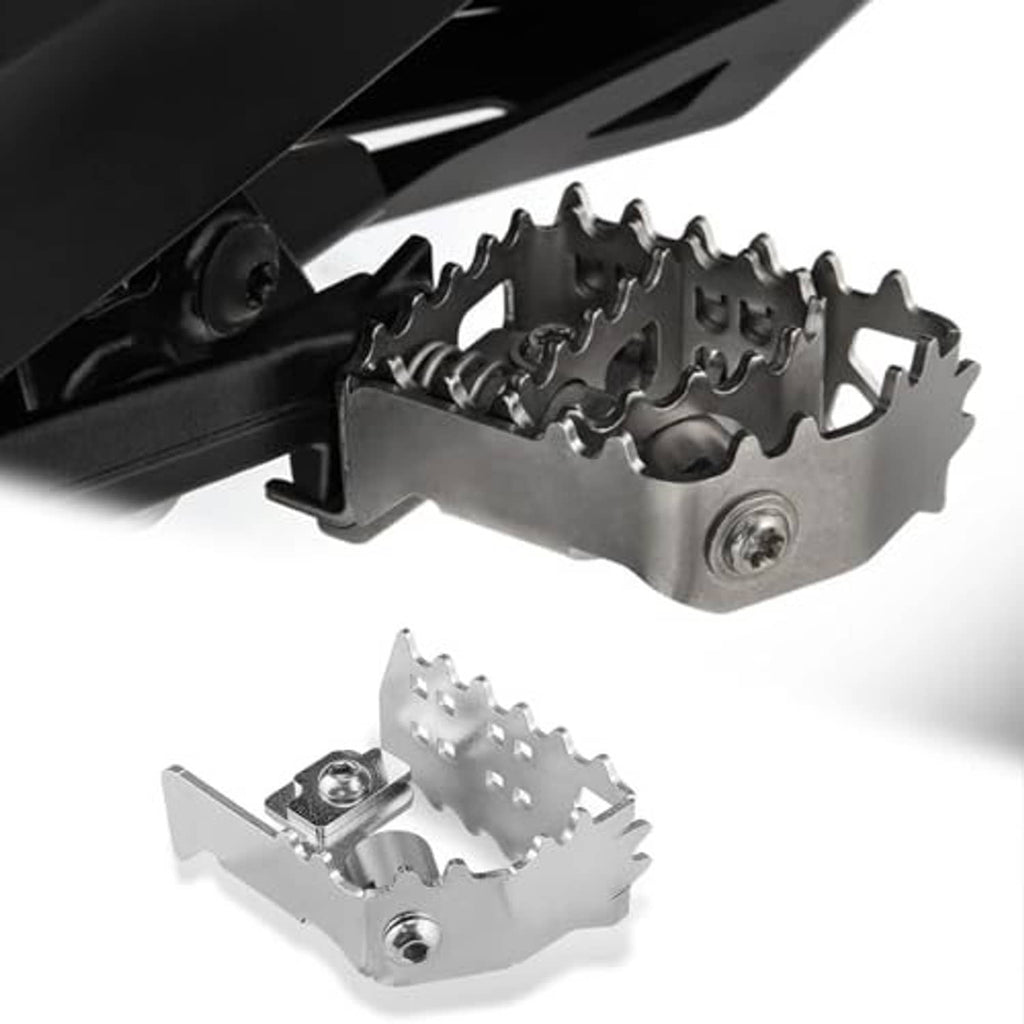 Metal motorcycle footpeg bracket with serrated grip plate and mounting screws