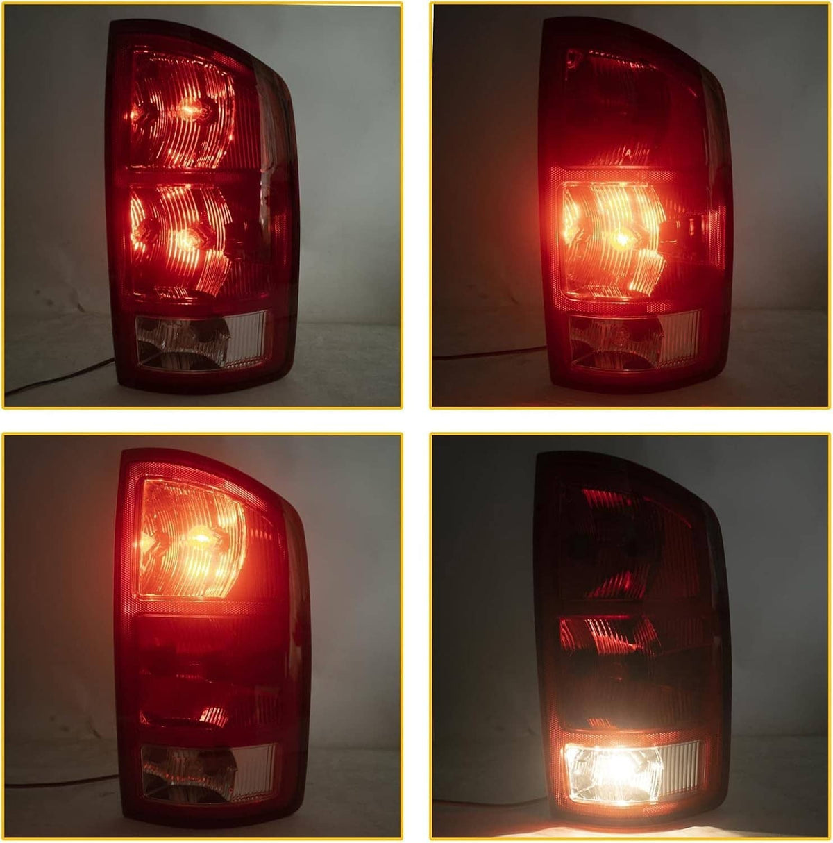 Set of red taillights showing illuminated brake, turn, and reverse light sections.