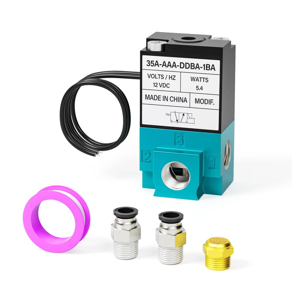DC12V 2-way 3-port pneumatic valve with turquoise body, black label and wiring