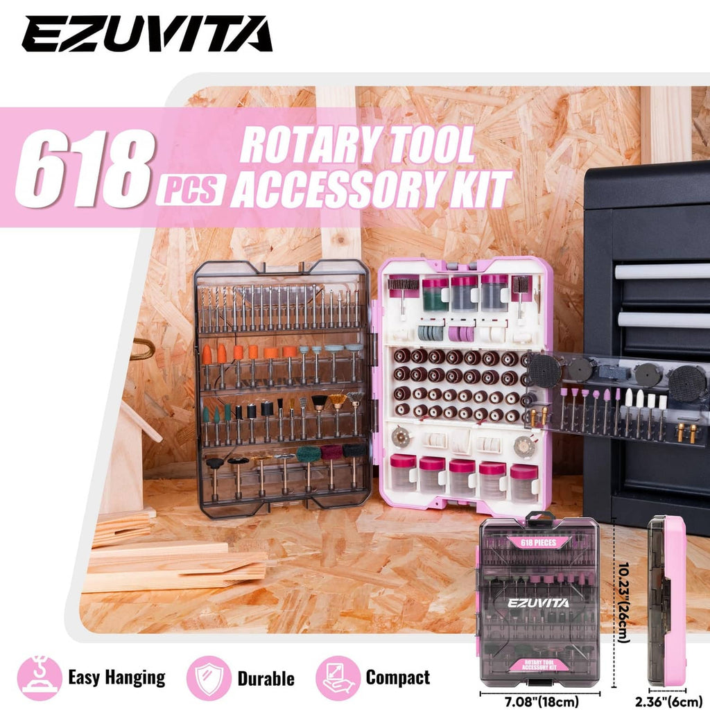 Rotary tool accessory kit case with 618-piece assortment and pink storage accents