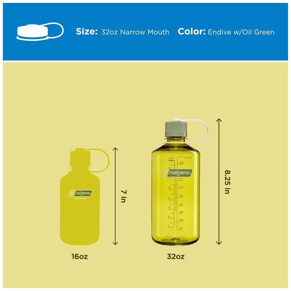 Nalgene 32 oz oil green narrow-mouth bottle with loop handle and volume markings