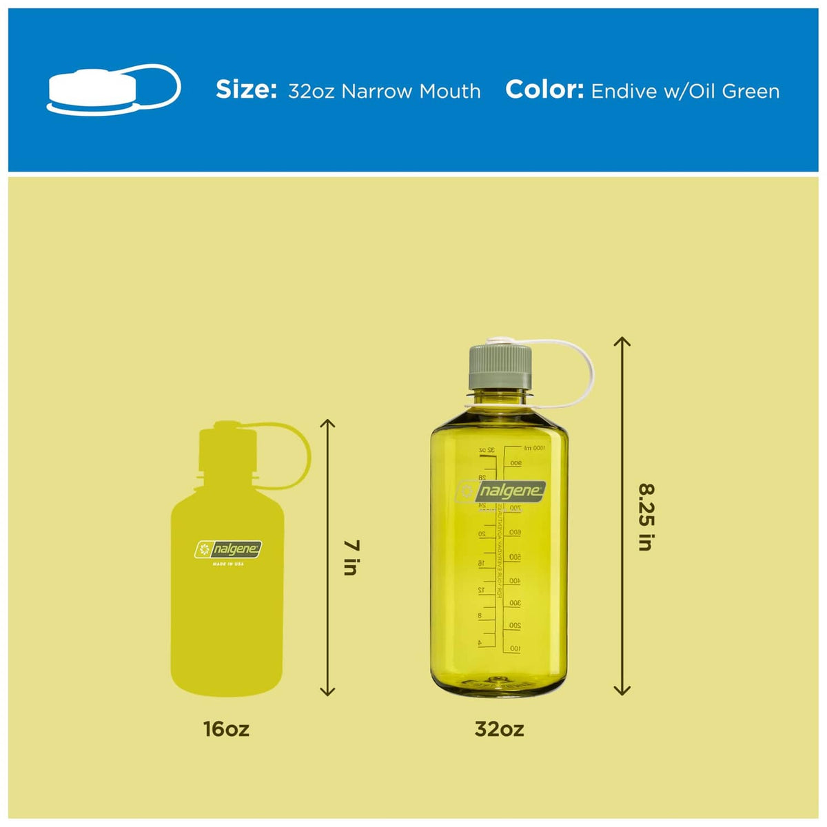 Nalgene 32 oz oil green narrow-mouth bottle with loop handle and volume markings