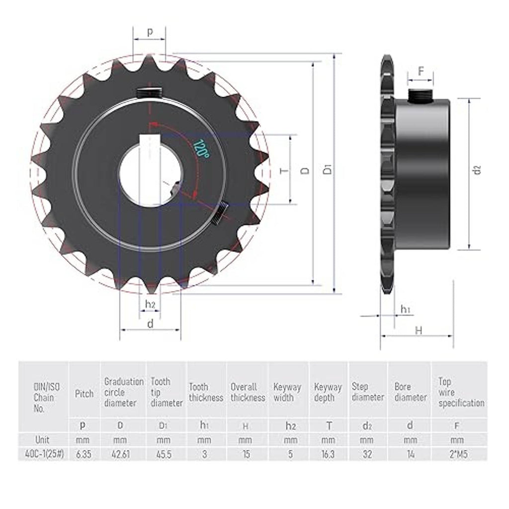 Roller chain sprocket technical drawing with width and keyway dimensions